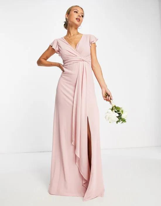 bridesmaid flutter sleeve ruffle detail maxi dress in blush