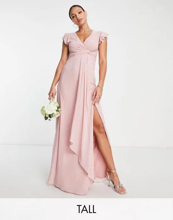 Bridesmaid flutter sleeve ruffle detail maxi dress in blush