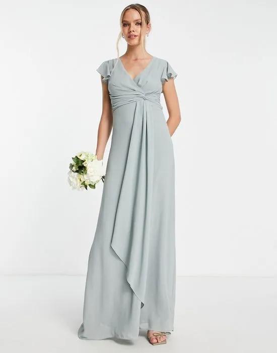 bridesmaid flutter sleeve ruffle detail maxi dress in sage