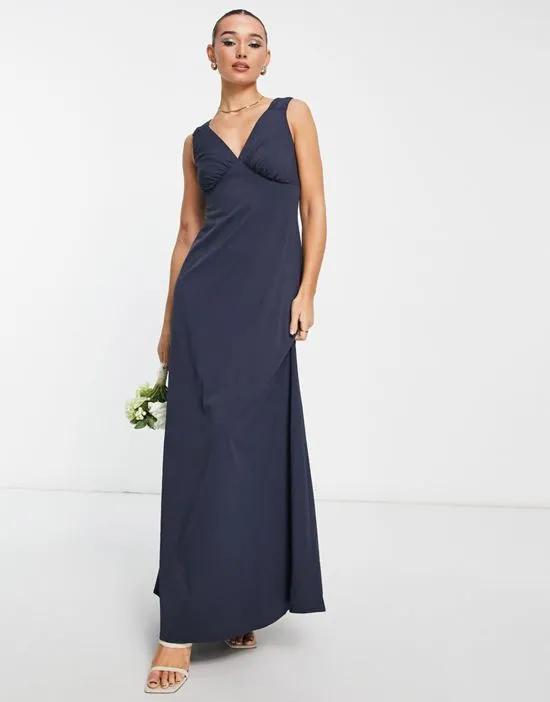 Bridesmaid gathered strap maxi dress in navy blue