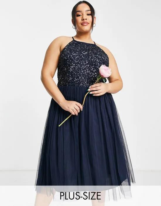 Bridesmaid halter neck midi tulle dress with tonal delicate sequins in navy