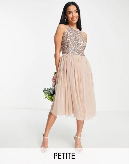 Bridesmaid halterneck midi tulle dress with tonal delicate sequins in muted blush