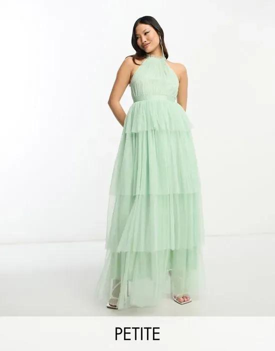 Bridesmaid halterneck tulle midi dress with tiered skirt in mint green