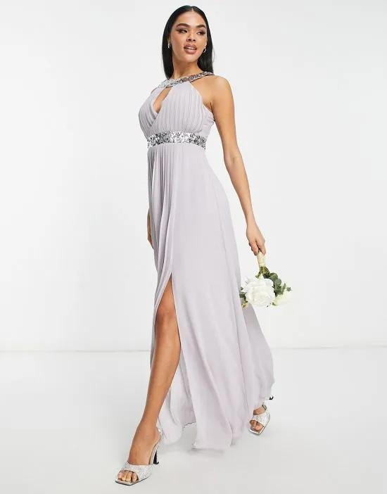 Bridesmaid high neck embellished chiffon maxi dress in gray