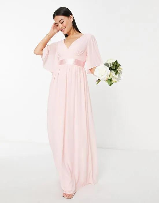 Bridesmaid kimono sleeve pleated maxi dress with angel sleeve in whisper pink
