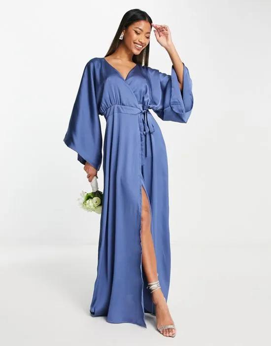 Bridesmaid kimono sleeve satin wrap midi dress in dusky blue