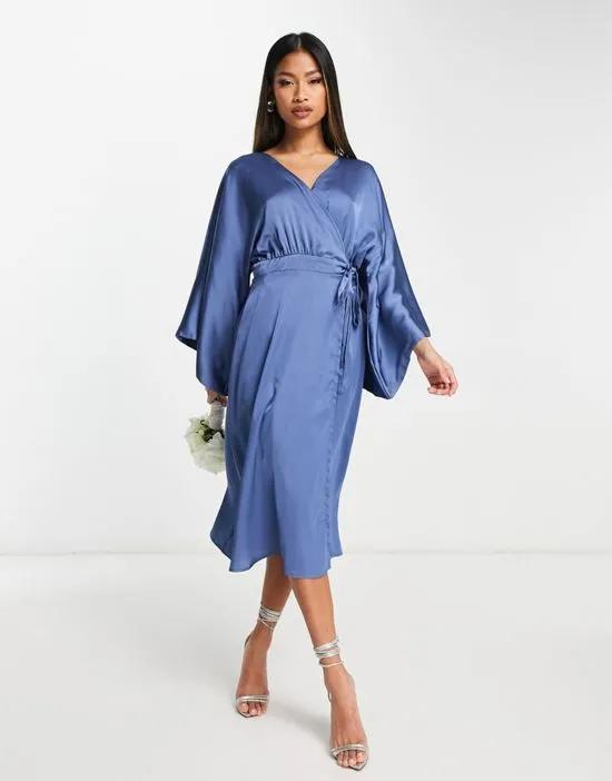 Bridesmaid kimono sleeve satin wrap midi dress in dusky blue