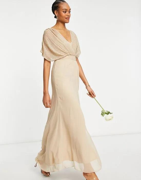 Bridesmaid linear embellished blouson maxi dress with short sleeve