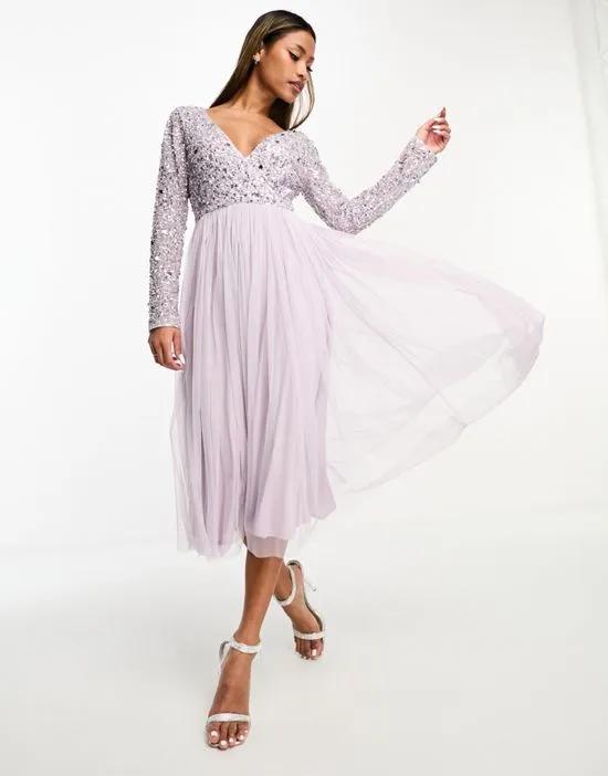 Bridesmaid long sleeve embellished midi dress in lilac