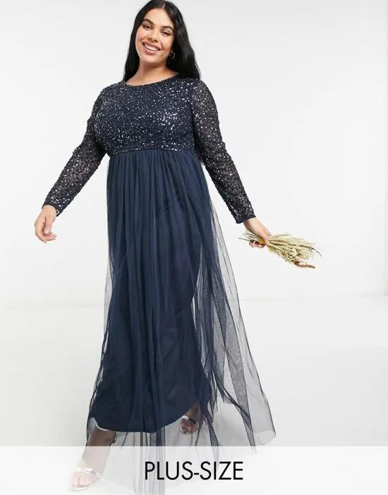 Bridesmaid long sleeve maxi tulle dress with tonal delicate sequin in navy