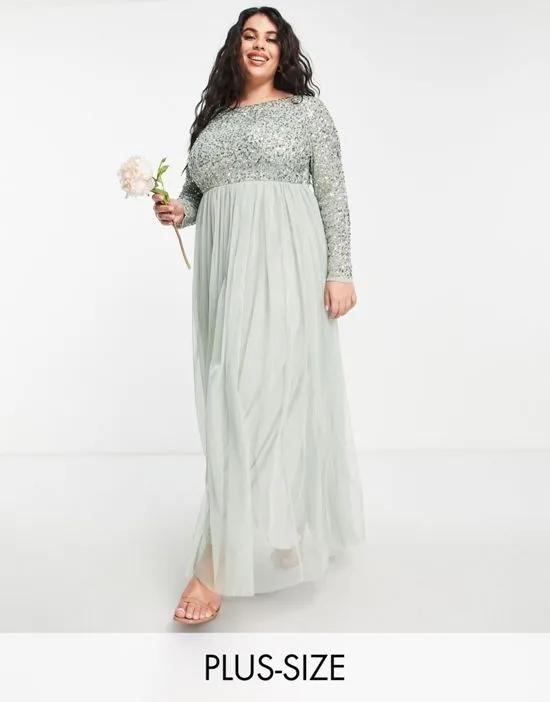 Bridesmaid long sleeve maxi tulle dress with tonal delicate sequin in sage green