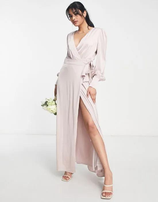 Bridesmaid long sleeve satin maxi dress in mink pink