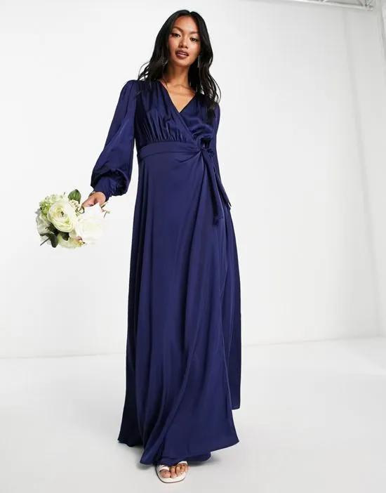 Bridesmaid long sleeve satin maxi dress in navy blue