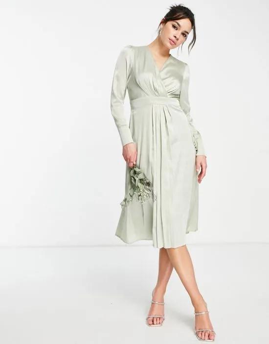 Bridesmaid long sleeve satin wrap dress in sage green