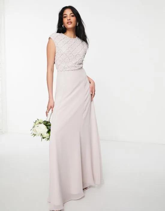 Bridesmaid maxi dress with short sleeve in pearl and beaded embellishment