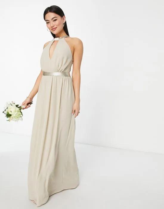 Bridesmaid maxi with back detail and ruched skirt in caffe latte