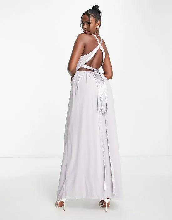 Bridesmaid maxi with back detail and ruched skirt in gray