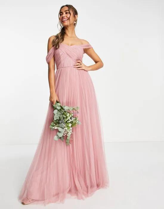 Bridesmaid off shoulder tulle maxi dress with tie back and pleated skirt in rose
