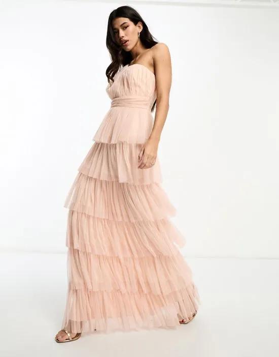 Bridesmaid one shoulder tiered maxi dress in blush