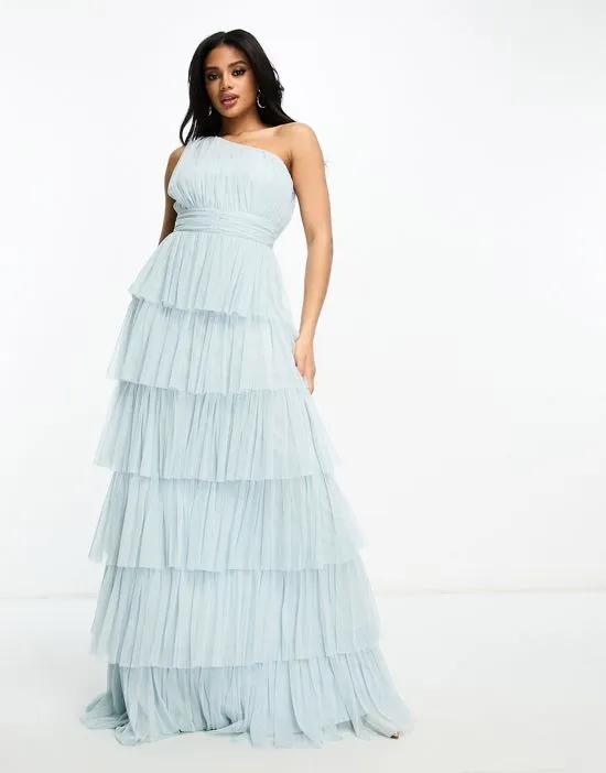 Bridesmaid one shoulder tiered maxi dress in ice blue