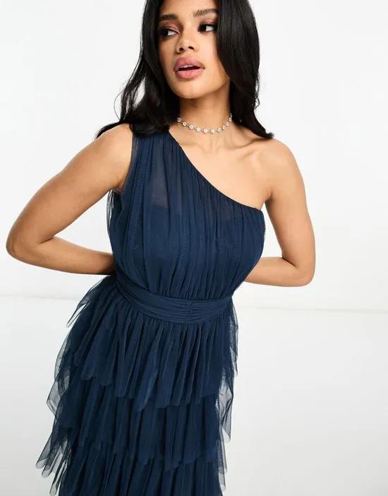 Bridesmaid one shoulder tiered maxi dress in navy