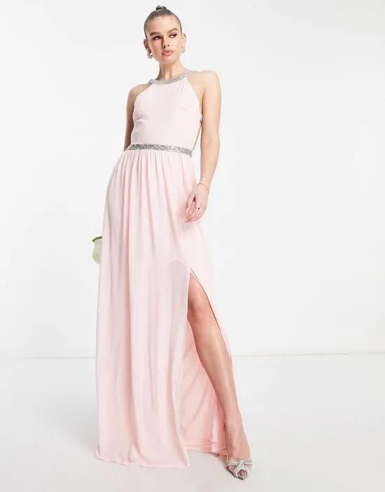 Bridesmaid open back chiffon maxi dress with pretty embellishment in whisper pink