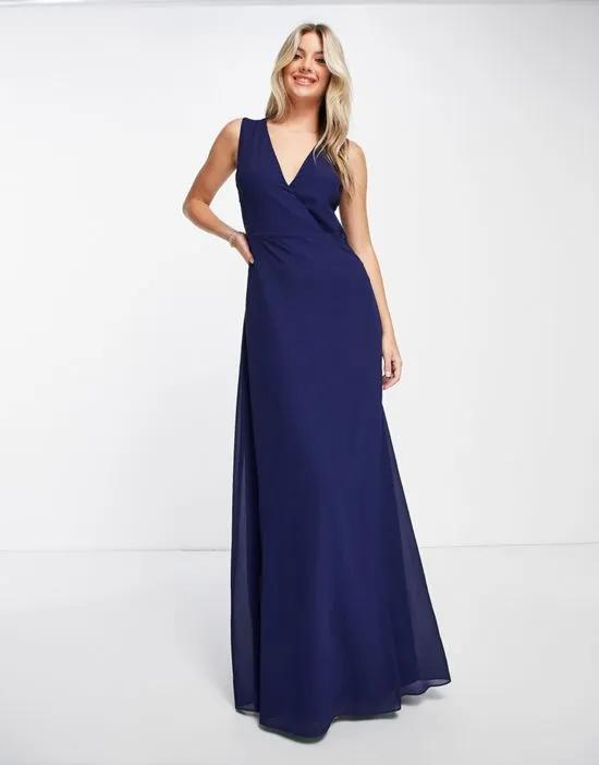 Bridesmaid open back lace insert dress in navy blue