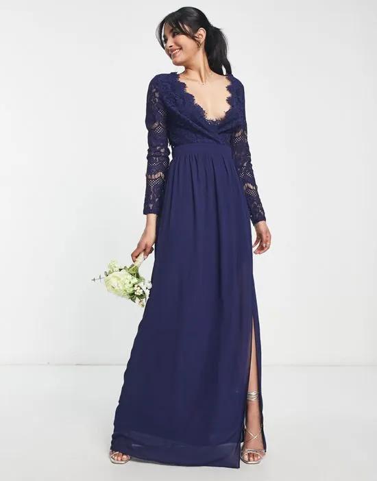Bridesmaid open back lace maxi dress in navy blue