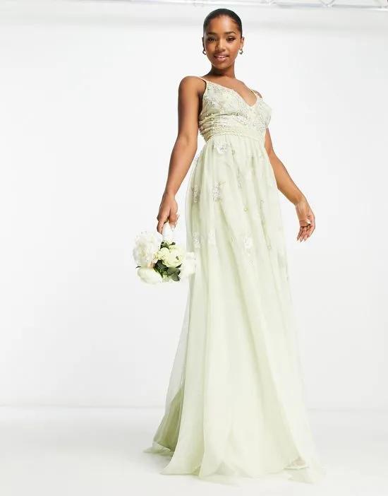 Bridesmaid pearl embellished cami maxi dress with floral embroidery in sage