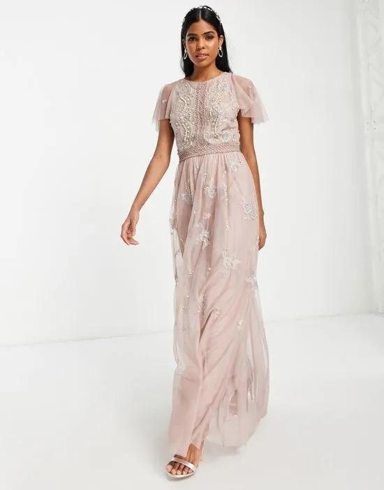 Bridesmaid pearl embellished flutter sleeve maxi dress with floral embroidery in rose