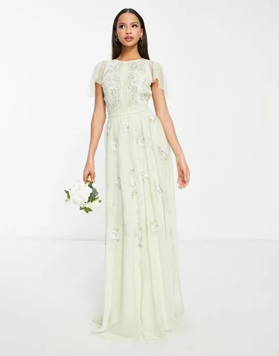 Bridesmaid pearl embellished flutter sleeve maxi dress with floral embroidery in sage