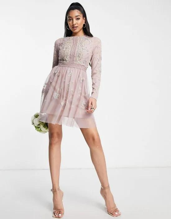Bridesmaid pearl embellished flutter sleeve mini dress with floral embroidery in rose