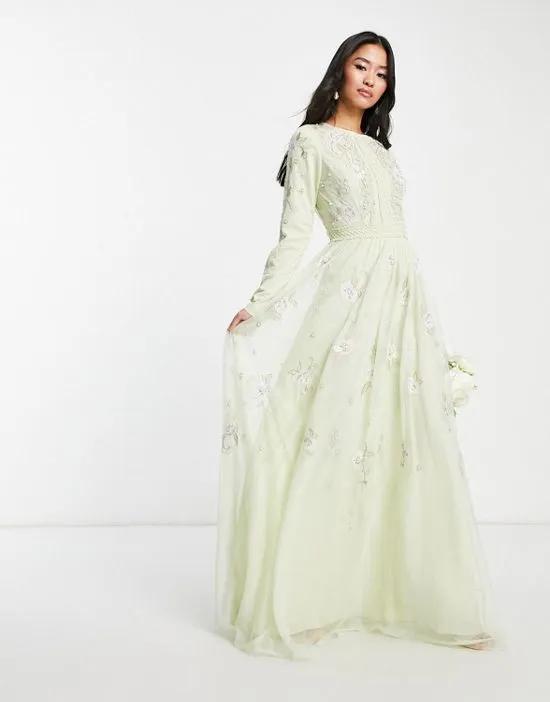 Bridesmaid pearl embellished long sleeve maxi dress with floral embroidery in sage