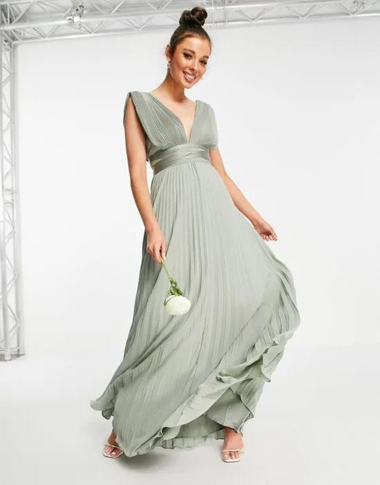 Bridesmaid pleated cami maxi dress with satin wrap waist