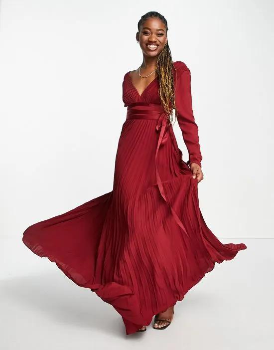Bridesmaid pleated long sleeve maxi dress with satin wrap waist in burgundy