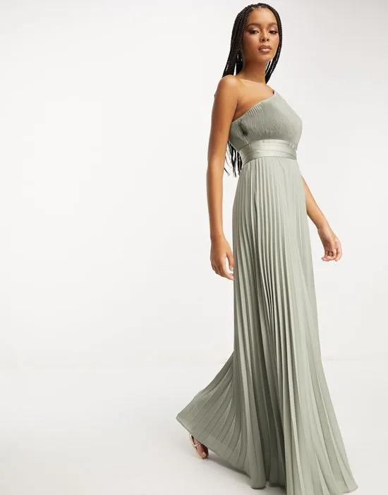 Bridesmaid pleated one shoulder maxi dress with tie waist in sage