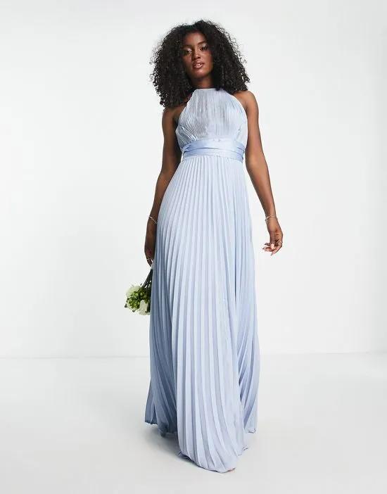 Bridesmaid pleated pinny maxi dress with satin wrap waist in blue