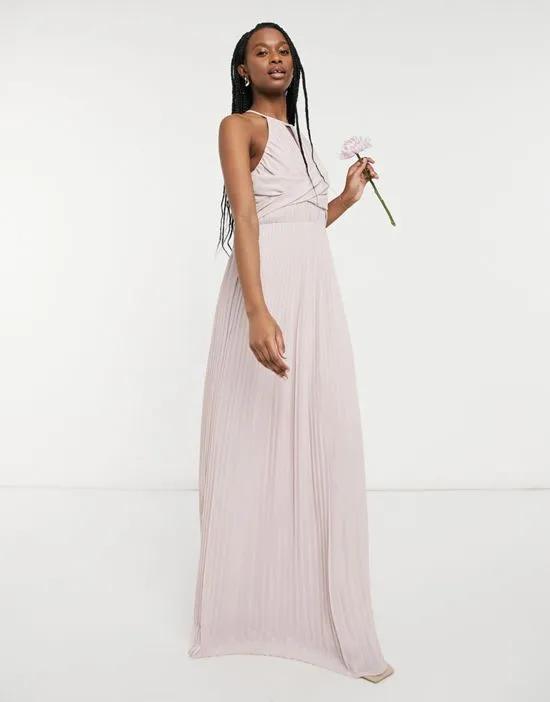bridesmaid pleated wrap detail maxi dress in mink