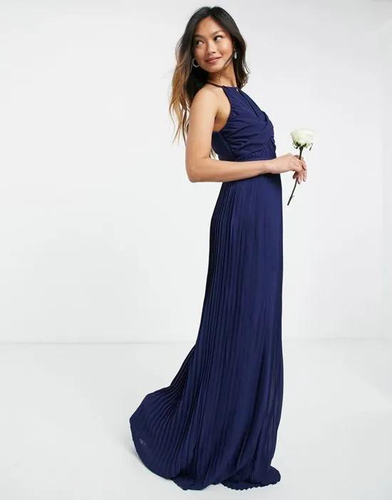 bridesmaid pleated wrap detail maxi dress in navy