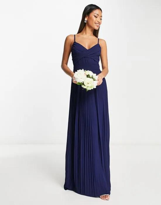 Bridesmaid pleated wrap front maxi dress in navy blue