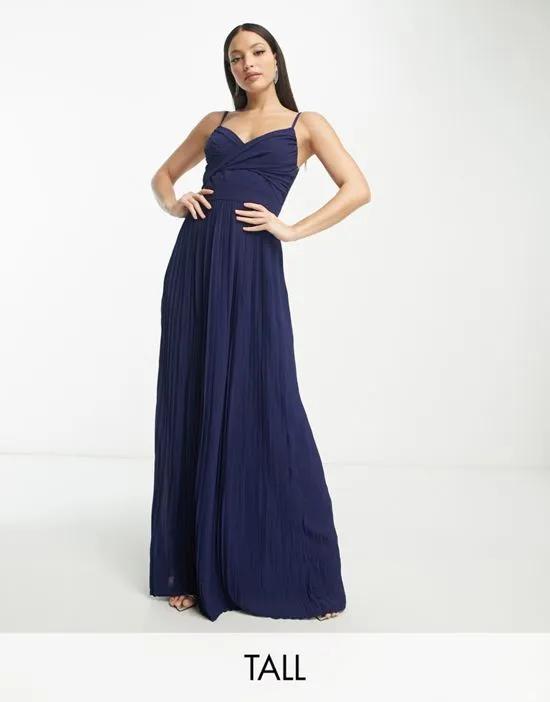 Bridesmaid pleated wrap front maxi dress in navy