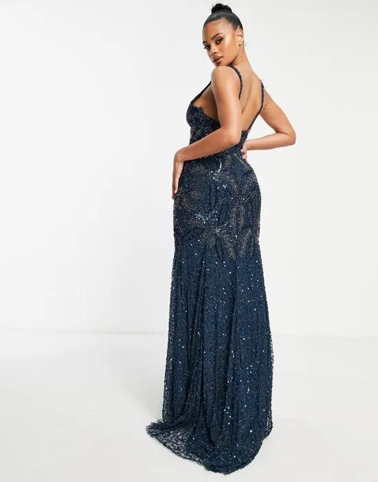 Bridesmaid plunge front allover embellished maxi dress in navy