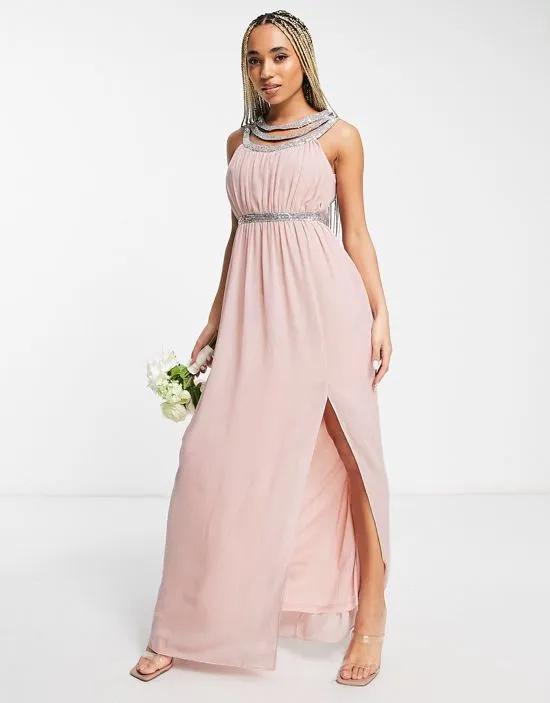 Bridesmaid premium embellished back and front maxi dress in mauve