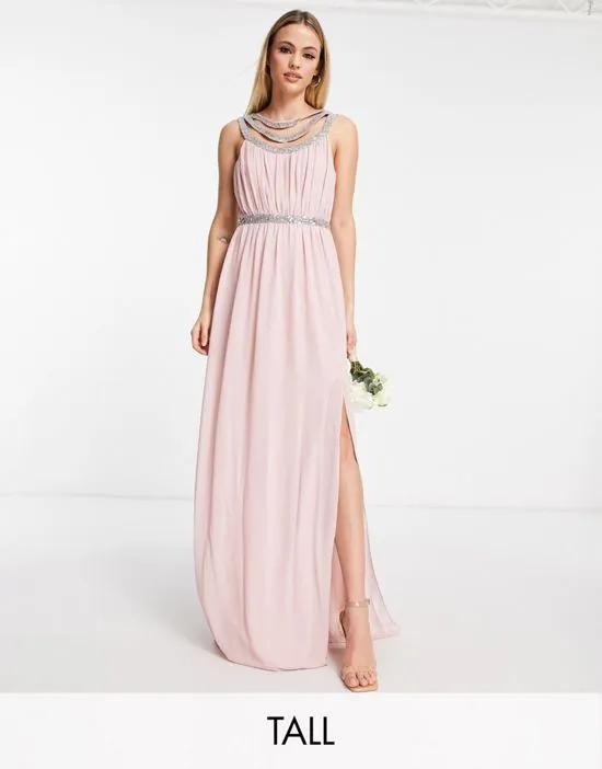 Bridesmaid premium embellished back and front maxi dress in mauve