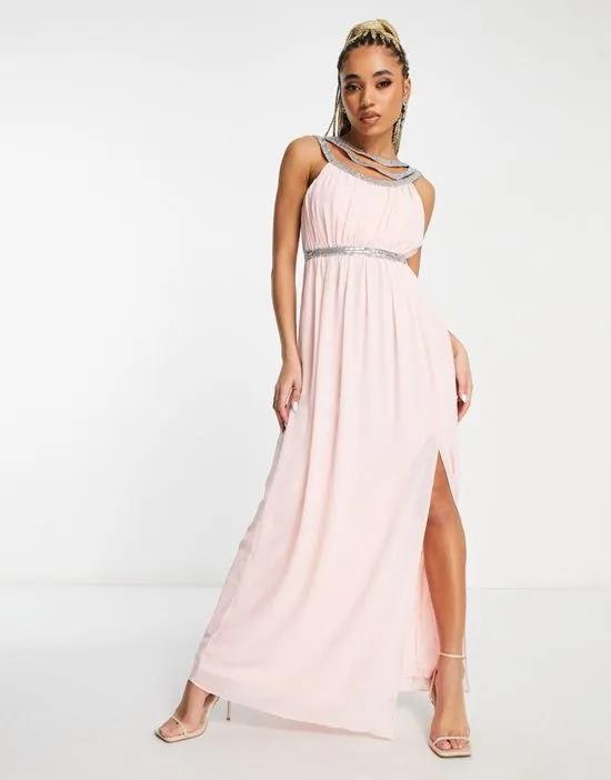 Bridesmaid premium embellished back and front maxi dress in whisper pink