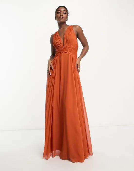 Bridesmaid ruched bodice drape maxi dress with wrap waist in rust