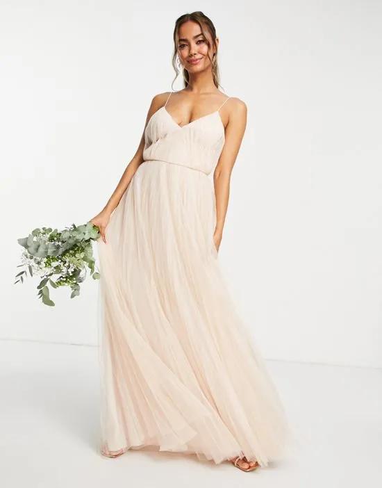 Bridesmaid ruched cami maxi dress with pleated tulle skirt in champagne