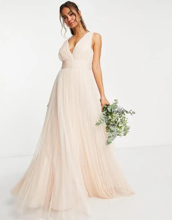 Bridesmaid ruched maxi dress with pleated skirt and button back detail in champagne