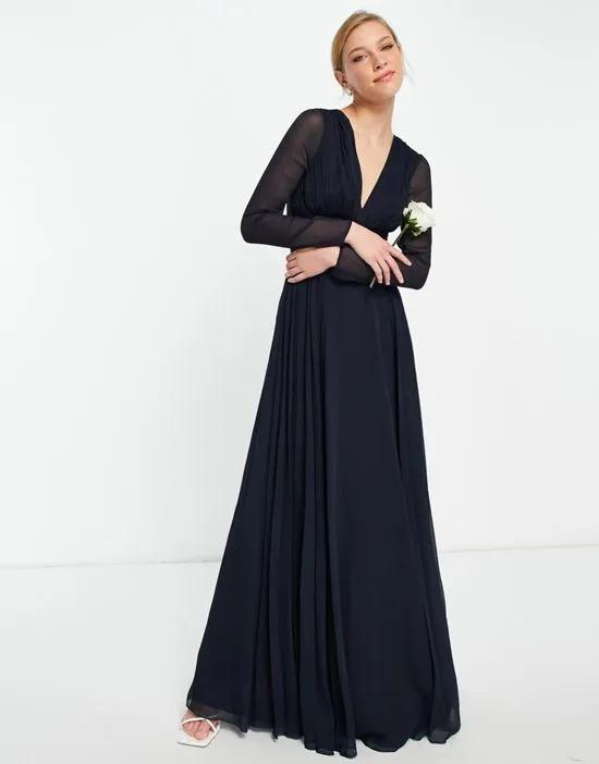 Bridesmaid ruched waist maxi dress with long sleeves and pleat skirt