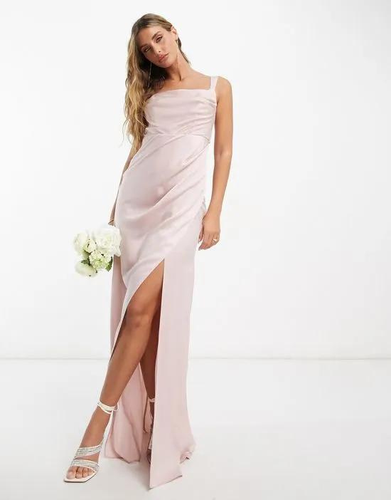 Bridesmaid satin drape maxi dress with bow back in blush pink